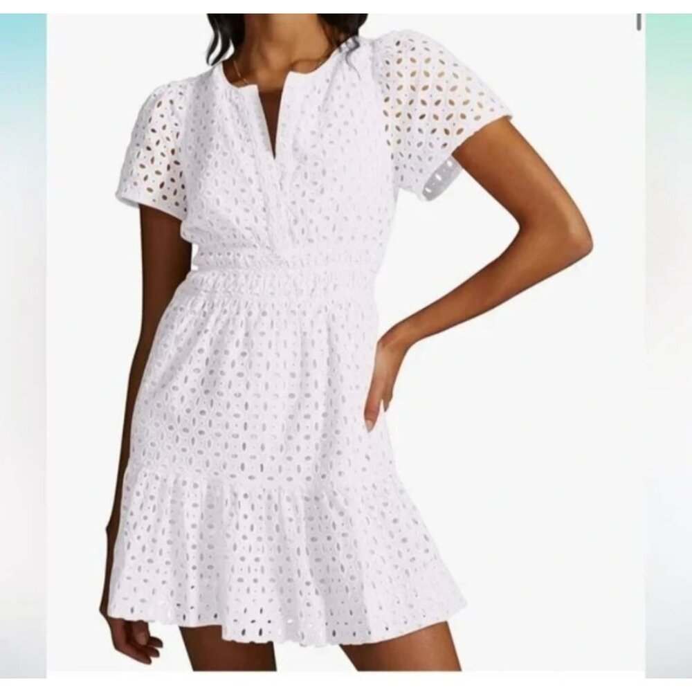 Pretty Garden Womens White Eyelet Lace V Neck A-Line Ruffle Dress Size M Casual